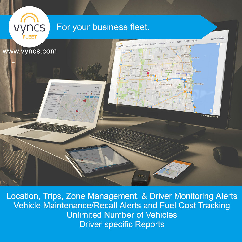 VyncsFleet: GPS Tracker No Monthly Fee, 4G LTE OBD, Real Time Fleet Car/Truck Tracking, SIM, Free 1 Year Data Plan, Trips, Vehicle Diagnostics, Driver Safety Alerts, Fuel Report, Emission Report